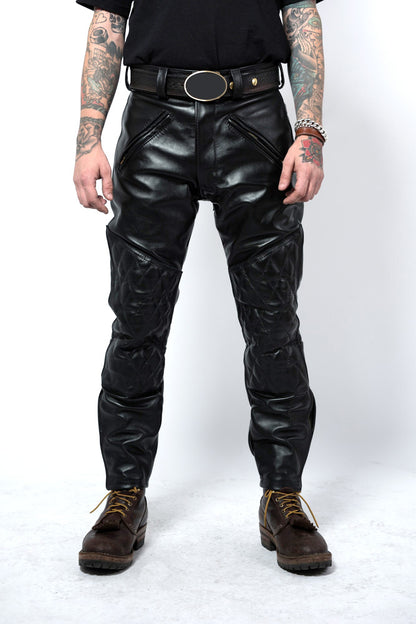 Men's Real Cowhide Natural Grain Leather Pants Quilted Panels Bikers / Gay Interest Pants