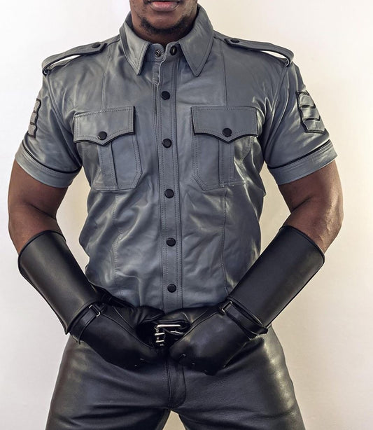 Men's Real Lamb Leather Police Uniform Shirt Sexy Short Sleeve Gray Leather Shirt
