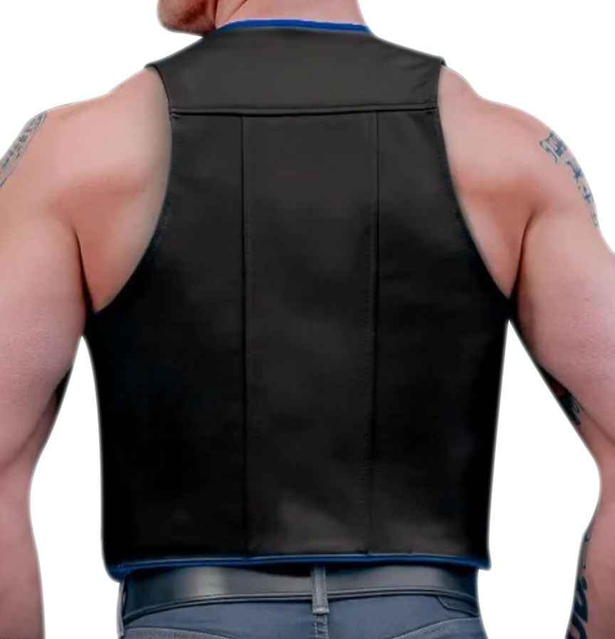 Men's Real Leather Bartender Vest Front Open Contrast Piping Bartender Vest