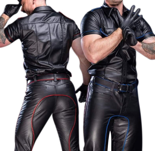 Men's Real Leather Pants & Police Shirt Contrast Piping BLUF Pants And Shirt: