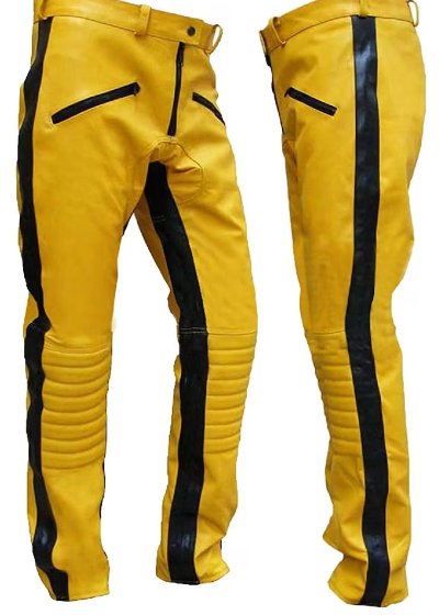 Men's Real Leather Bikers Pants Yellow Leather Quilted Panels Side Stripes Pants: