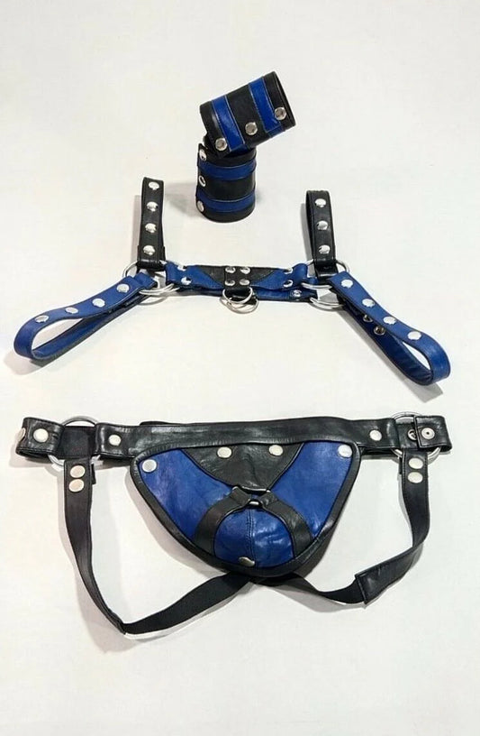 Men’s Leather Chest Harness Jockstrap Wristbands Set Multi Adjustment Fitting Blue/ Red /Yellow & Black