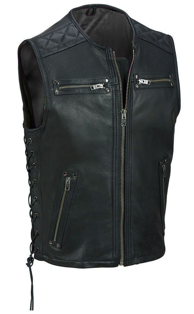 Men's Real Leather Quilted Panels Bikers Vest Side Laces Cow Leather Bikers Vest