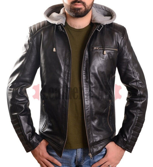 Men's Real Lamb Leather Quilted Cafe Racer Jacket Waxed & Detachable Hood Jacket