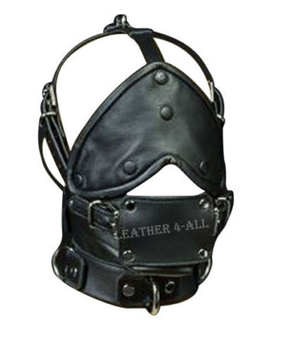 GENUINE LEATHER FACE MUZZLE HOOD MASK WITH BLINDFOLD HOOD-2