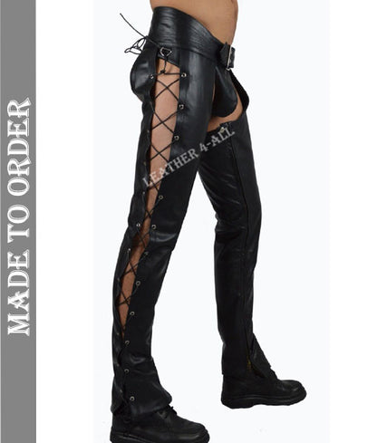 Men's Genuine Cowhide Natural Leather Bikers Chaps Side Laces Chaps With Detachable Jockstrap