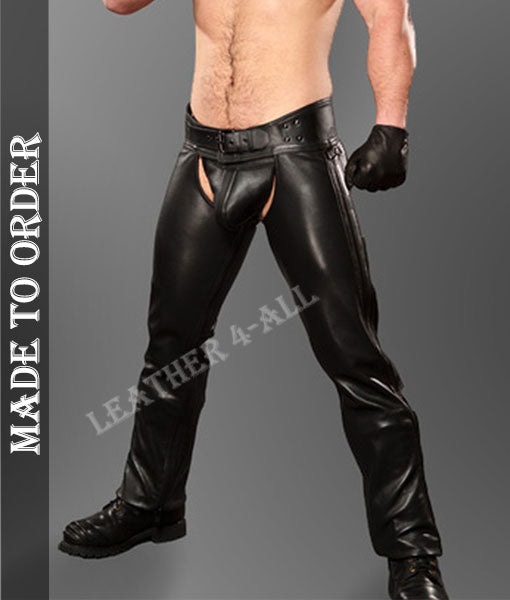 Men's Real Cowhide Natural Grain Leather Bikers Chaps In Black Color With Detachable Jockstrap