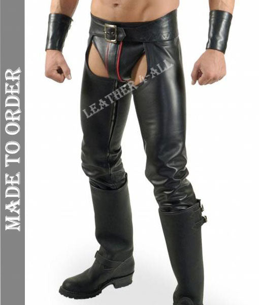 Men's Cowhide Natural Leather Chaps With Detachable Jock Strap + FREE Wrist Bands