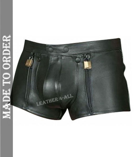 Men's Real Leather Chastity Shorts With Back Zip & Free Padlocks
