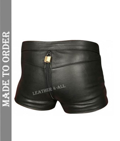 Men's Real Leather Chastity Shorts With Back Zip & Free Padlocks