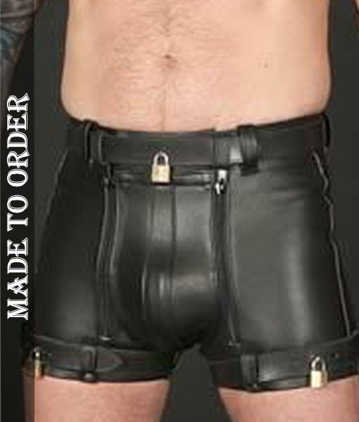 MEN'S REAL LEATHER RESTRAINTS CHASTITY SHORTS WITH FREE PADLOCKS