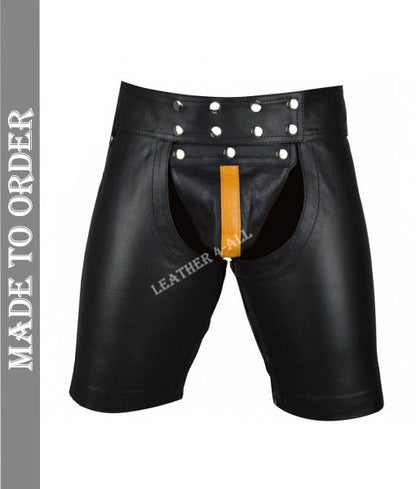 Men's Real Cowhide Leather Chaps Shorts With Detachable Jockstrap Leather Chaps