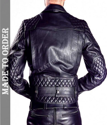 Men's Cowhide Natural Leather Motor Bike Jacket Quilted Panels Bikers Jacket