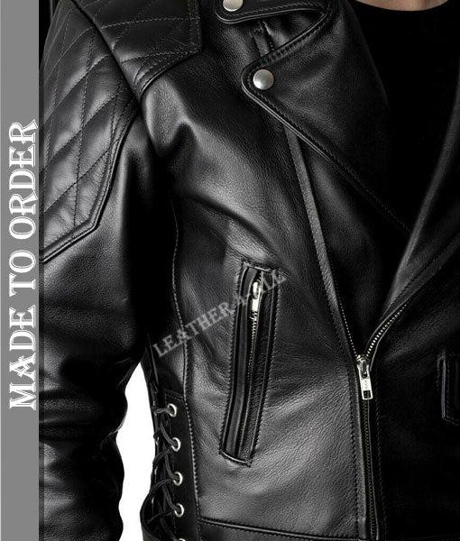 Men's Real Cowhide Bikers Jacket With Quilted Panels And Laces Up Bikers Jacket