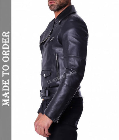 Men's Natural Cowhide Leather Motor Biker's Jacket Brando Style Bikers Leather Jacket