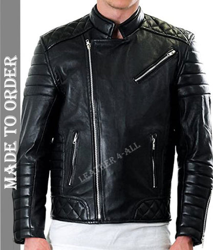 Men's Real Lamb Leather Bikers Jacket Quilted Panels Bikers Jacket