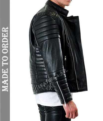 Men's Real Lamb Leather Bikers Jacket Quilted Panels Bikers Jacket