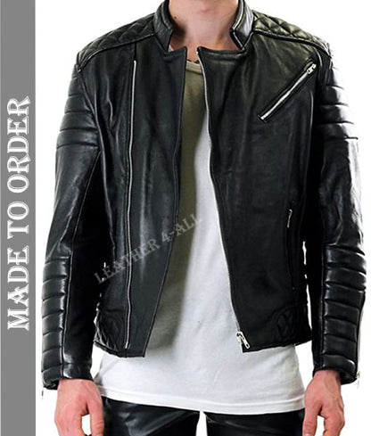 Men's Real Lamb Leather Bikers Jacket Quilted Panels Bikers Jacket