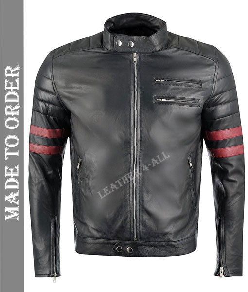 Men's Real Lamb Leather Quilted Panels Bikers Jacket Cafe Racer Jacket