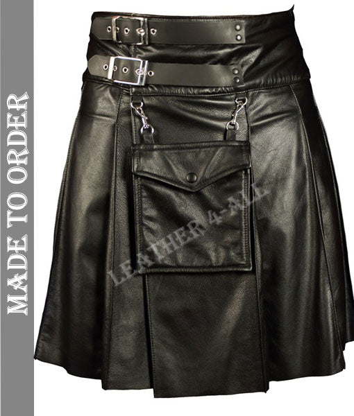 Men's Real Cow Leather Pleated Kilt Club Wear Kilt With Detachable Front Pocket