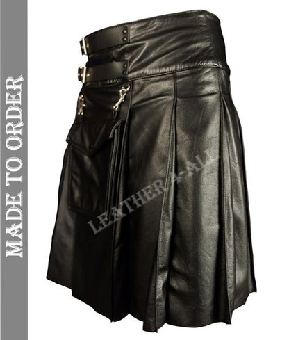 Men's Real Cow Leather Pleated Kilt Club Wear Kilt With Detachable Front Pocket