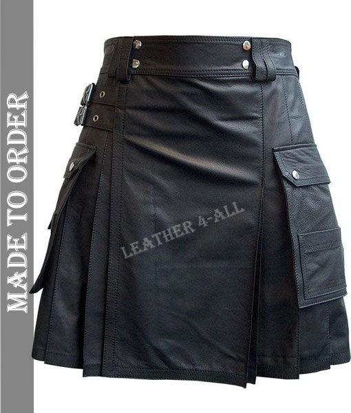 Men's Real Leather Pleated Kilt Club Wear Kilt With Cargo Pockets