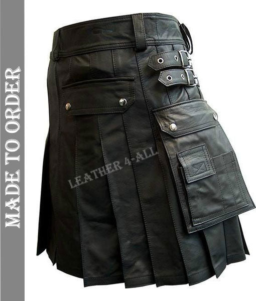 Men's Real Leather Pleated Kilt Club Wear Kilt With Cargo Pockets