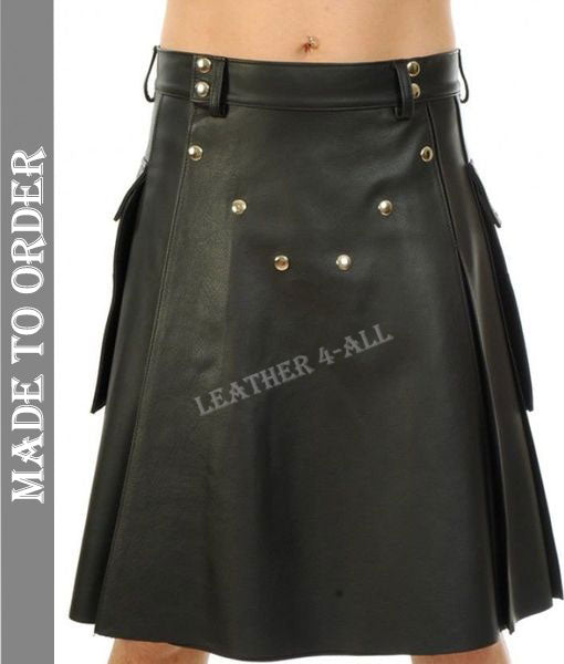 Men's Real Leather Pleated Club Wear Kilt With Side Pockets