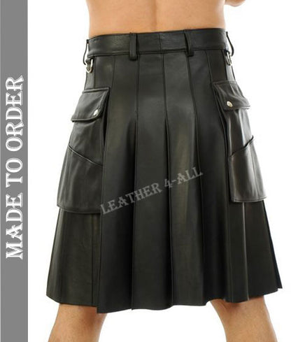 Men's Real Leather Pleated Club Wear Kilt With Side Pockets