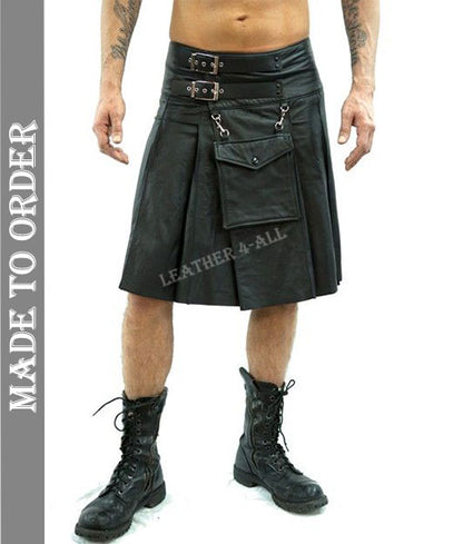 Men's Real Cow Leather Pleated Kilt Club Wear Kilt With Detachable Front Pocket