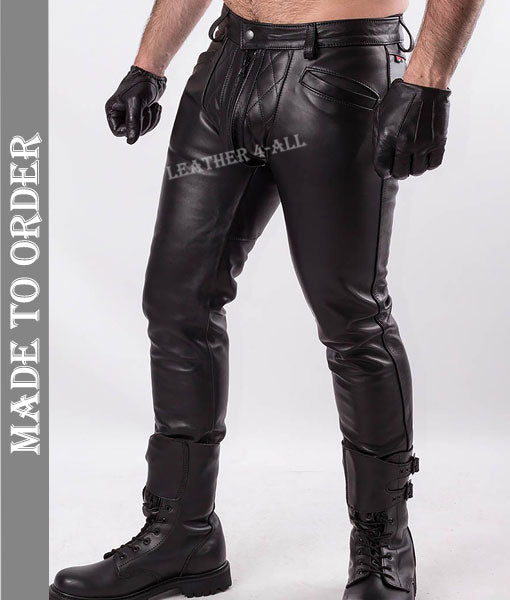 Men's Real Cowhide Leather Bikers Pants Quilted Panel Open Zip Fly Bikers Pants