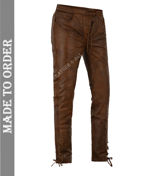 Men's Real Vintage Leather Pants Front Laces Up Closure 3 Pockets Vintage Bikers Leather Trousers