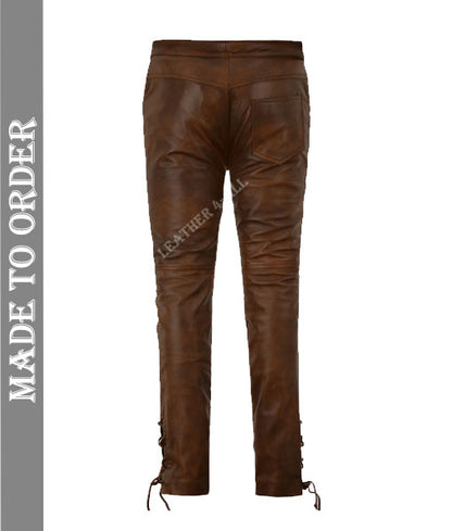 Men's Real Vintage Leather Pants Front Laces Up Closure 3 Pockets Vintage Bikers Leather Trousers