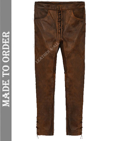 Men's Real Vintage Leather Pants Front Laces Up Closure 3 Pockets Vintage Bikers Leather Trousers