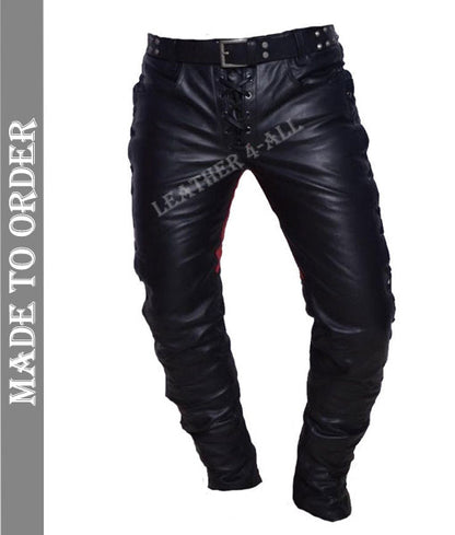 Men's Real Leather Bikers Pants Side And Front Laces Up Contrast Leather Panels Pants