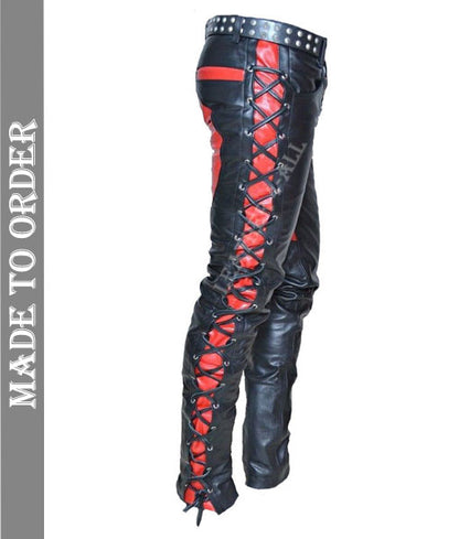 Men's Real Leather Bikers Pants Side And Front Laces Up Contrast Leather Panels Pants