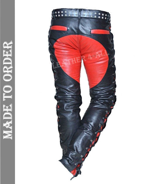 Men's Real Leather Bikers Pants Side And Front Laces Up Contrast Leather Panels Pants