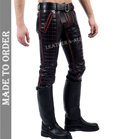 Men's Real Leather Bikers Pants With Quilted Panels And Color Piping BLUF Pants