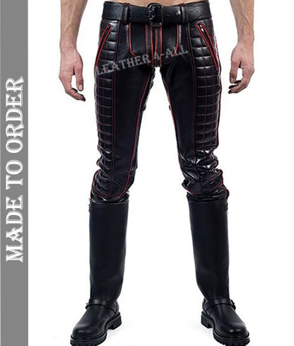 Men's Real Leather Bikers Pants With Quilted Panels And Color Piping BLUF Pants