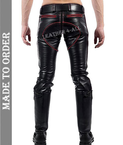 Men's Real Leather Bikers Pants With Quilted Panels And Color Piping BLUF Pants