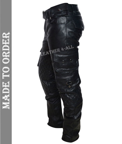 Men's Real Leather Bikers Cargo Pants With Quilted Panels And Multiple Pockets Trousers