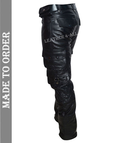 Men's Real Leather Bikers Cargo Pants With Quilted Panels And Multiple Pockets Trousers