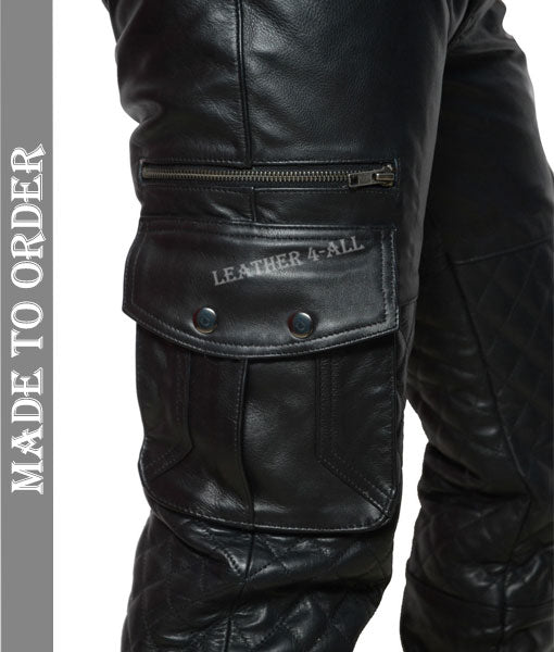 Men's Real Leather Bikers Cargo Pants With Quilted Panels And Multiple Pockets Trousers