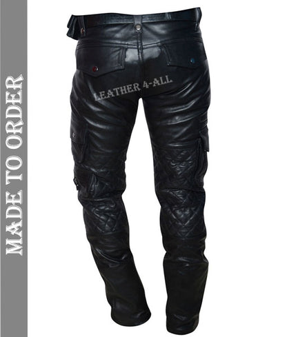 Men's Real Leather Bikers Cargo Pants With Quilted Panels And Multiple Pockets Trousers