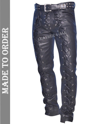 Men's Real Leather Bikers Pants Laces Up Front And Back Leather Pants