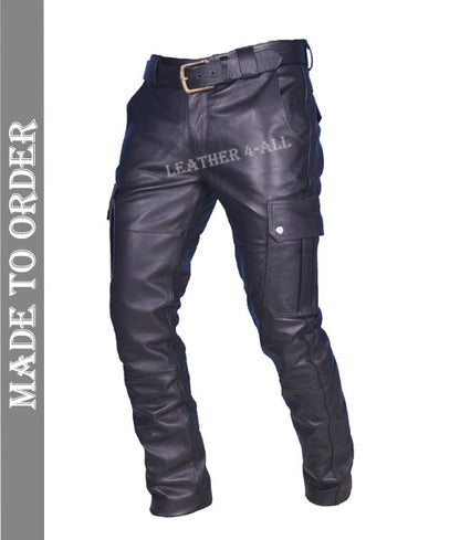 Men's Real Cowhide Leather Cargo Pants Bikers Pants With Cargo Pockets