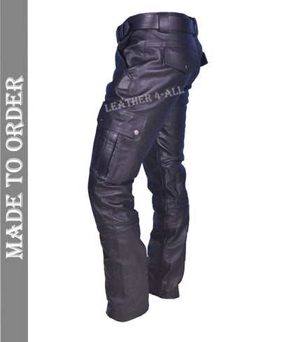 Men's Real Cowhide Leather Cargo Pants Bikers Pants With Cargo Pockets