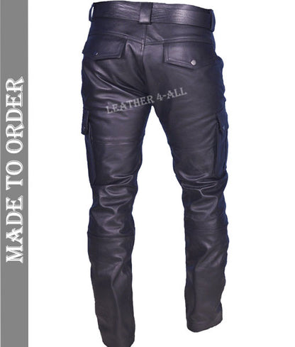 Men's Real Cowhide Leather Cargo Pants Bikers Pants With Cargo Pockets