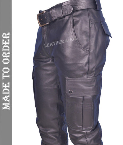 Men's Real Cowhide Leather Cargo Pants Bikers Pants With Cargo Pockets