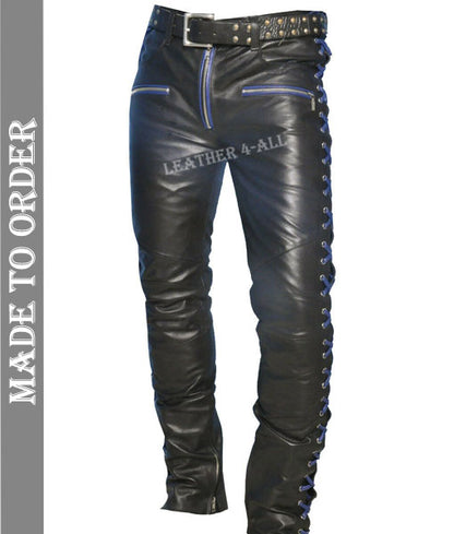 Men's Real Cowhide Leather Laces Up Pants Bikers Contrast Laces Up Pants